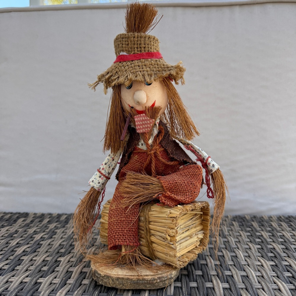 Vintage Taiwan Scarecrow Figurine Straw Burlap Fall Harvest Decor 11"